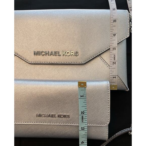 Michael Kors Jet Set Leather Clutch & Wallet. Silver. Set of 2. New No Tags. - Picture 3 of 12